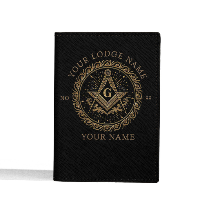 Custom Masonic Symbol Mason Branch And Stars Black Gold Leather Passport Wallet