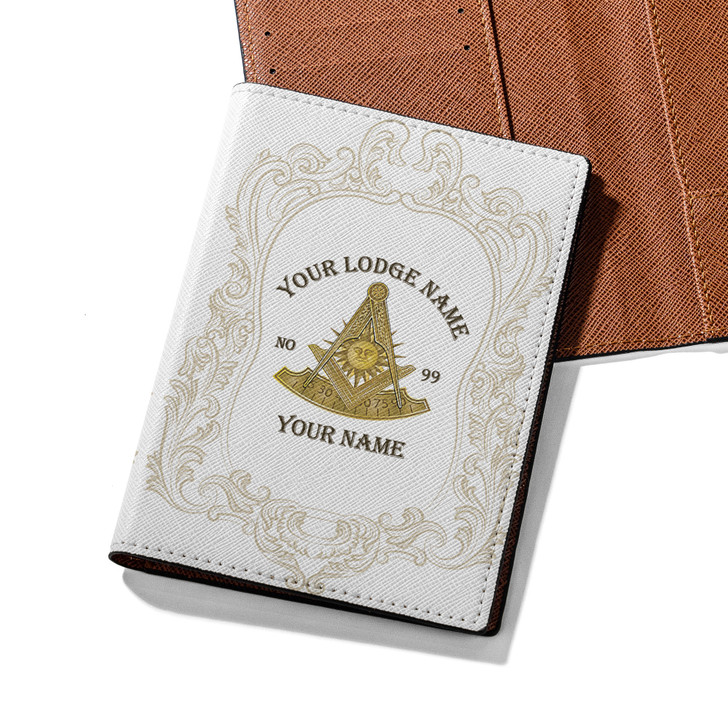 Custom Past Master Symbol Masonic Golden Geometric White Leather Passport Wallet