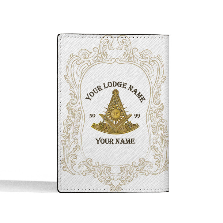 Custom Past Master Symbol Masonic Golden Geometric White Leather Passport Wallet
