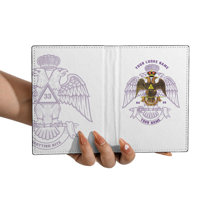 Custom Wings Down Scottish Rite 33° Purple Fade White Leather Passport Wallet