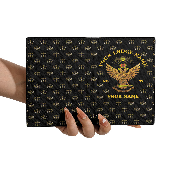 Custom Wings Up Scottish Rite 33° Mason Decoration Black Leather Passport Wallet