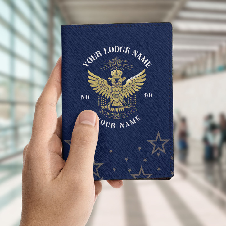 Custom Wings Up Scottish Rite 32° Mason Stars Pattern Leather Passport Wallet