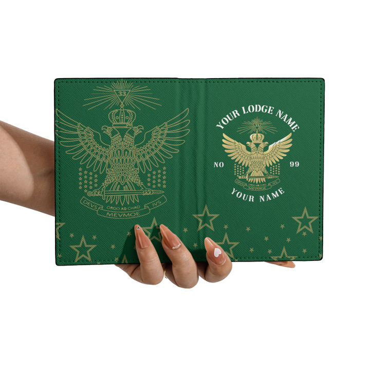 Custom Wings Up Scottish Rite 32° Mason Stars Pattern Leather Passport Wallet