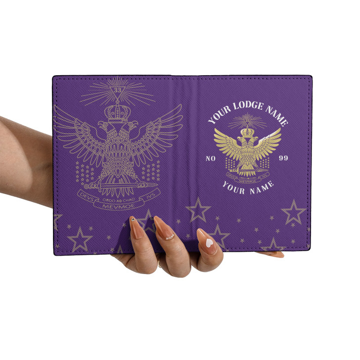 Custom Wings Up Scottish Rite 32° Mason Stars Pattern Leather Passport Wallet