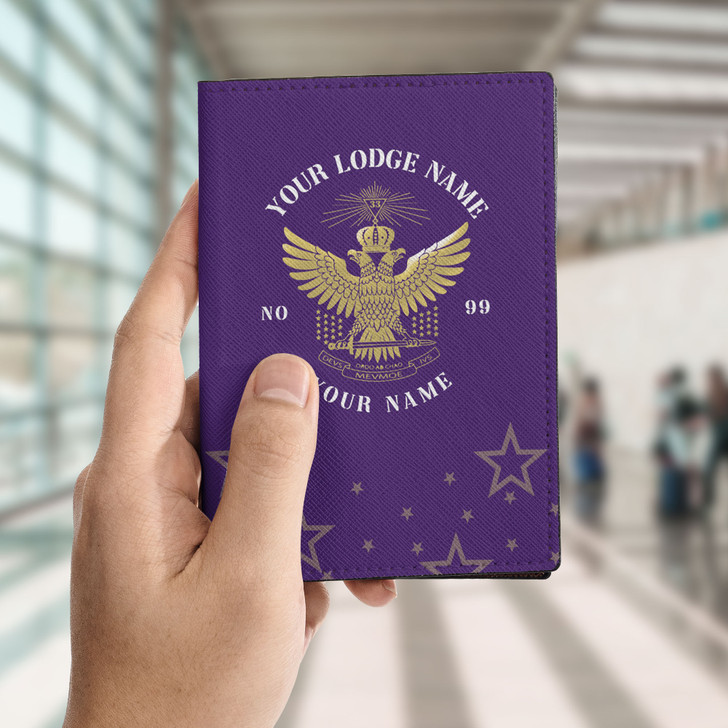 Custom Wings Up Scottish Rite 32° Mason Stars Pattern Leather Passport Wallet