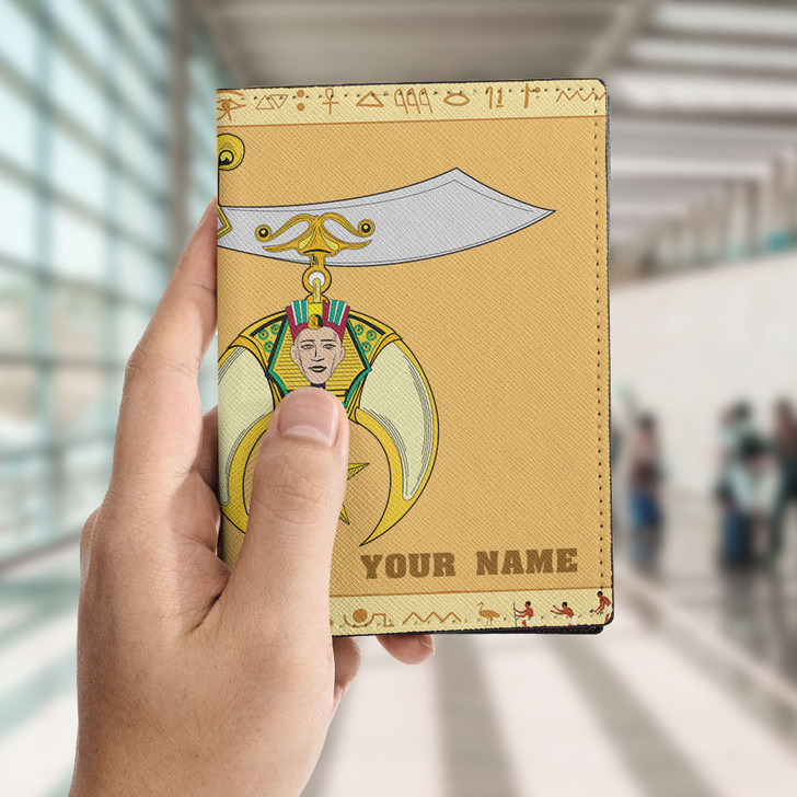 Custom Shriners Symbol Masonic Egyptian Pattern Sandy Leather Passport Wallet