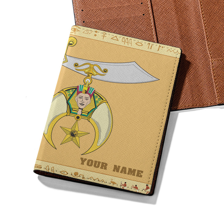 Custom Shriners Symbol Masonic Egyptian Pattern Sandy Leather Passport Wallet