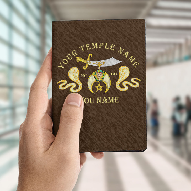 Custom Shriners Symbol Masonic Double Cobras Leather Passport Wallet