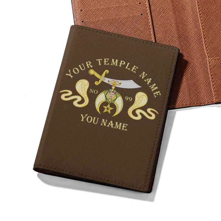 Custom Shriners Symbol Masonic Double Cobras Leather Passport Wallet
