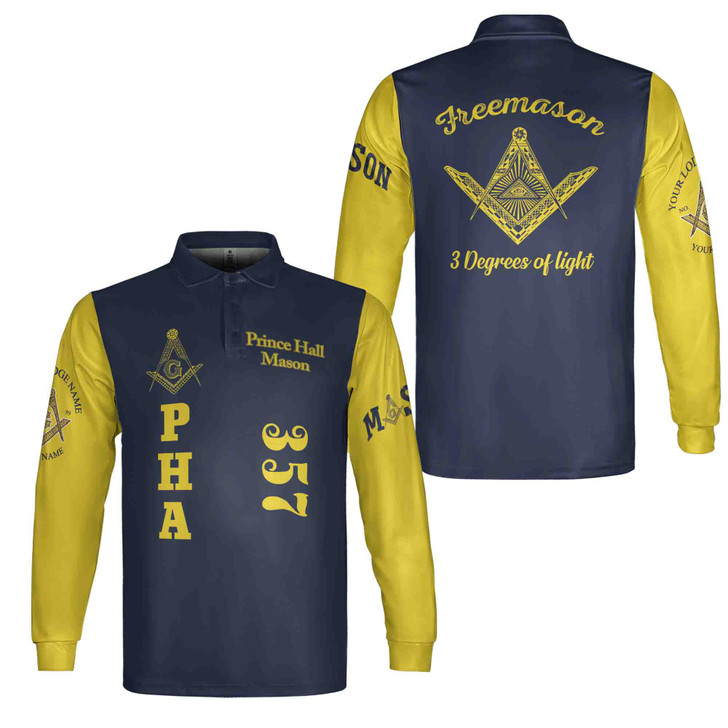 Customized Prince Hall Mason F&AM 1787 Freemasonry Long Sleeve Polo Shirt S-5XL