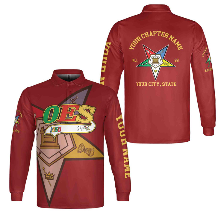 Personalized Multi-color Order of the Eastern Star OES Long Sleeve Polo Shirt S-5XL