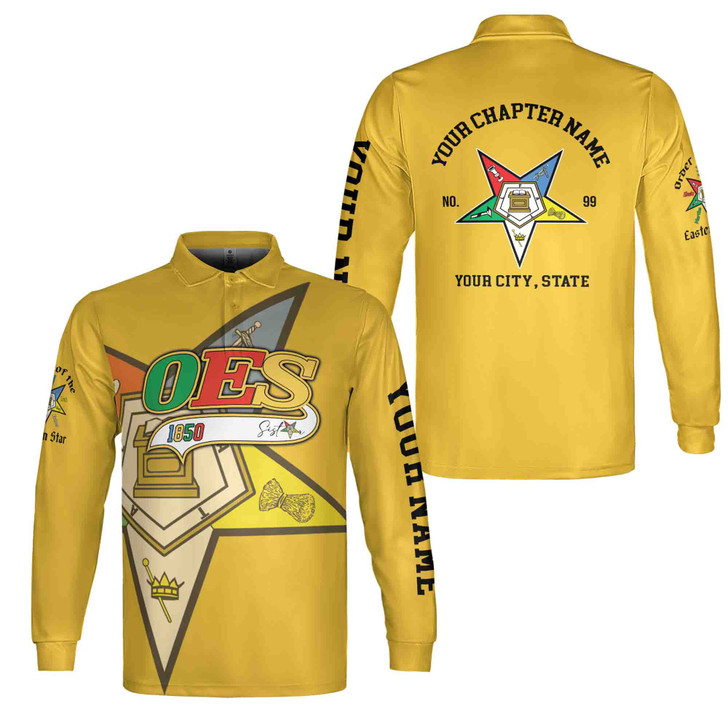 Personalized Multi-color Order of the Eastern Star OES Long Sleeve Polo Shirt S-5XL