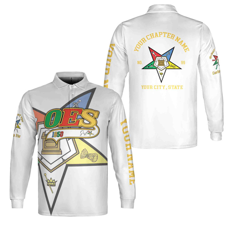Personalized Multi-color Order of the Eastern Star OES Long Sleeve Polo Shirt S-5XL