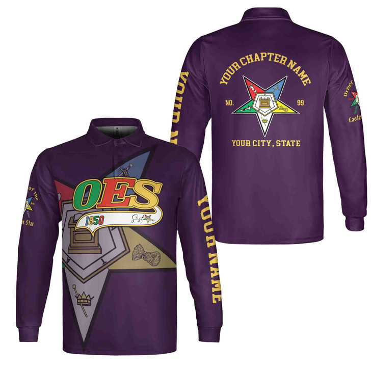 Personalized Multi-color Order of the Eastern Star OES Long Sleeve Polo Shirt S-5XL