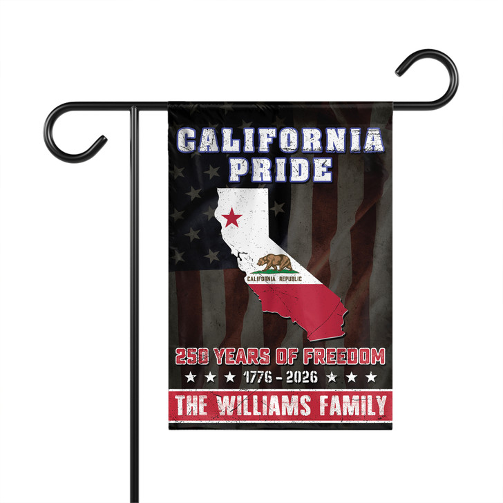 Personalized US State Garden Flag 250 Years Freedom Patriotic Custom Family Name