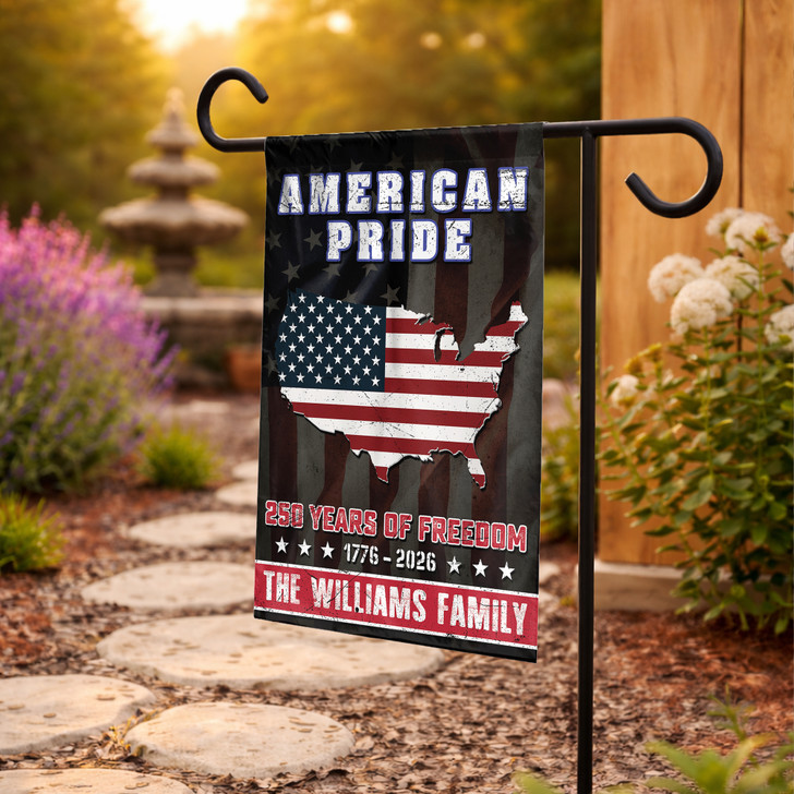 Personalized US State Garden Flag 250 Years Freedom Patriotic Custom Family Name