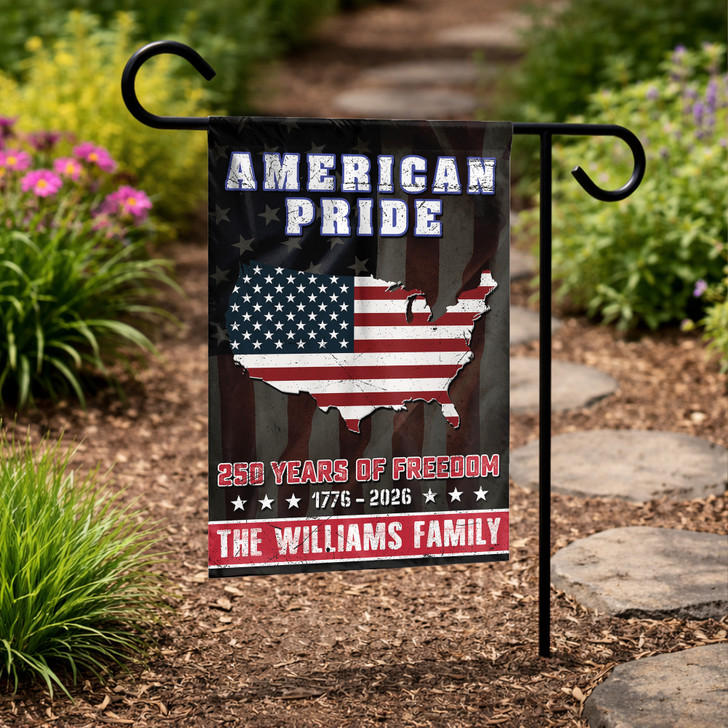 Personalized US State Garden Flag 250 Years Freedom Patriotic Custom Family Name