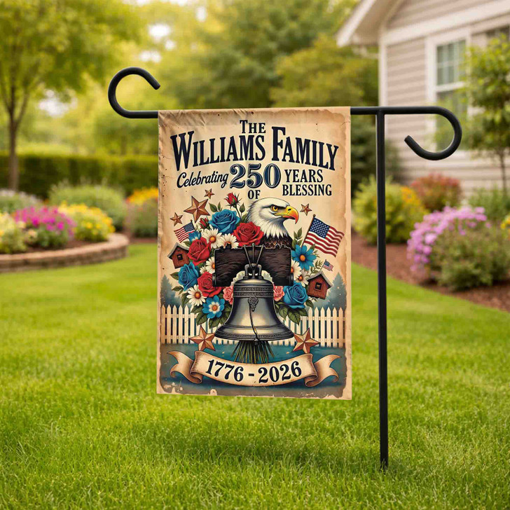 Personalized Patriotic Garden Flag Eagle Liberty Bell 1776-2026 Family Name