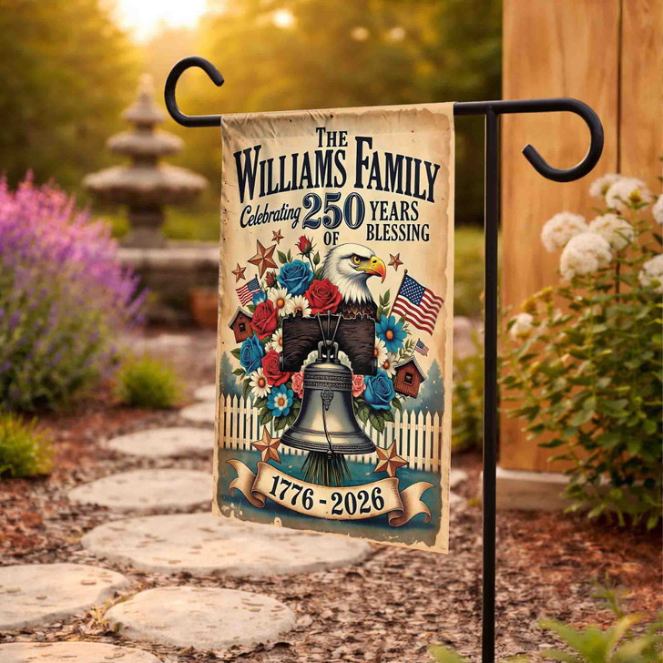 Personalized Patriotic Garden Flag Eagle Liberty Bell 1776-2026 Family Name