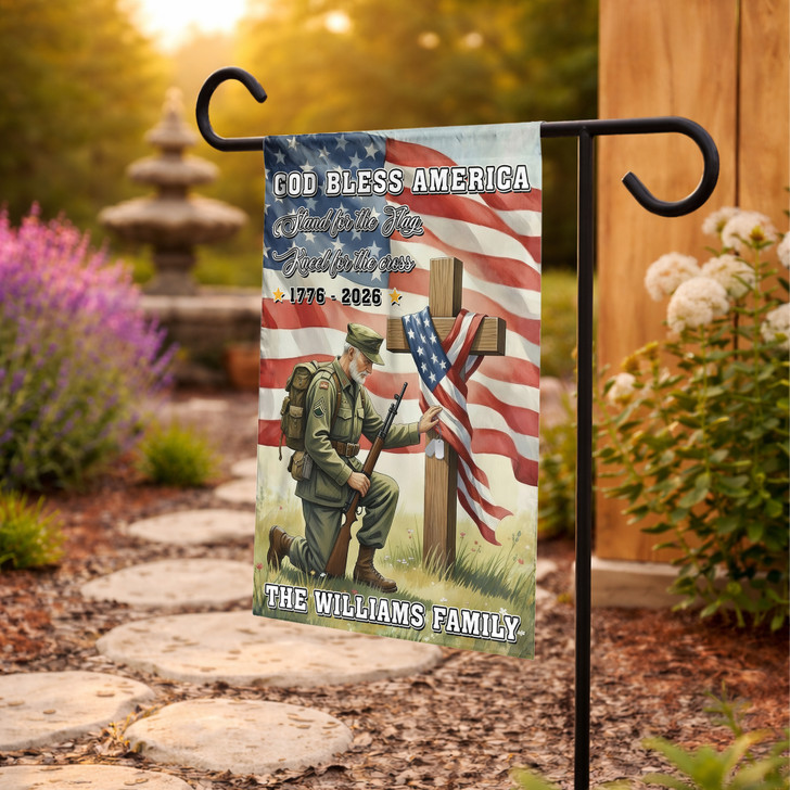 Personalized God Bless America Garden Flag Veteran Cross Patriotic Decor
