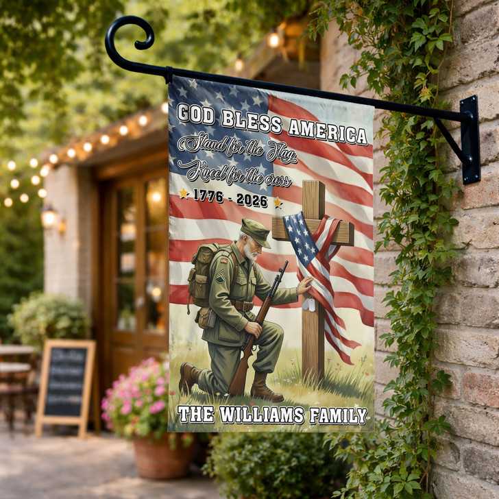 Personalized God Bless America Garden Flag Veteran Cross Patriotic Decor