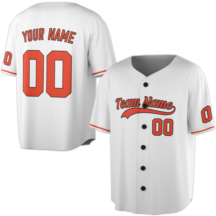 Custom Solid Black with Orange and White Trim Baseball Jersey - Personalized Name & Number - Adult, Youth, Kid.