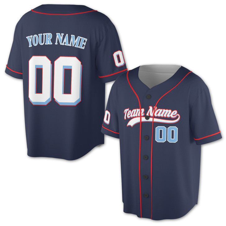 Custom Solid Navy Blue with Red Piping Baseball Jersey - Personalized Name & Number - Adult, Youth, Kid.