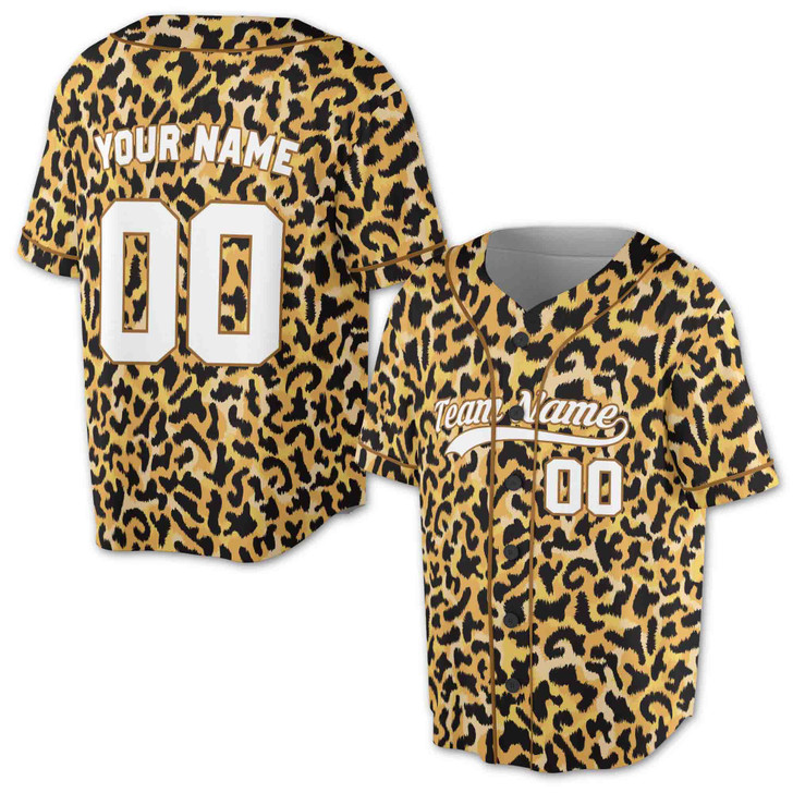 Custom Yellow Black Jaguar Leopard Print Baseball Jersey - Personalized Name & Number - Adult, Youth, Kid.
