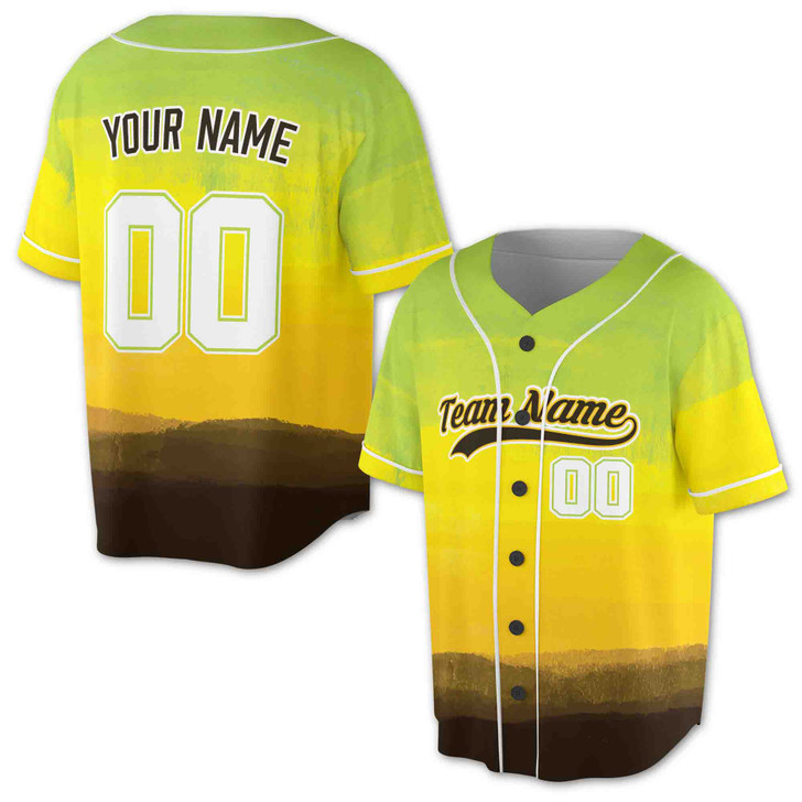 Custom Green and Yellow Ombre Watercolor Pattern with White Piping Baseball Jersey - Personalized Name & Number - Adult, Youth, Kid.