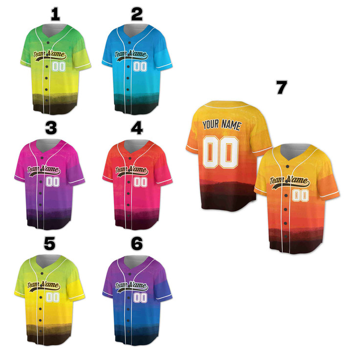 Custom Green and Yellow Ombre Watercolor Pattern with White Piping Baseball Jersey - Personalized Name & Number - Adult, Youth, Kid.