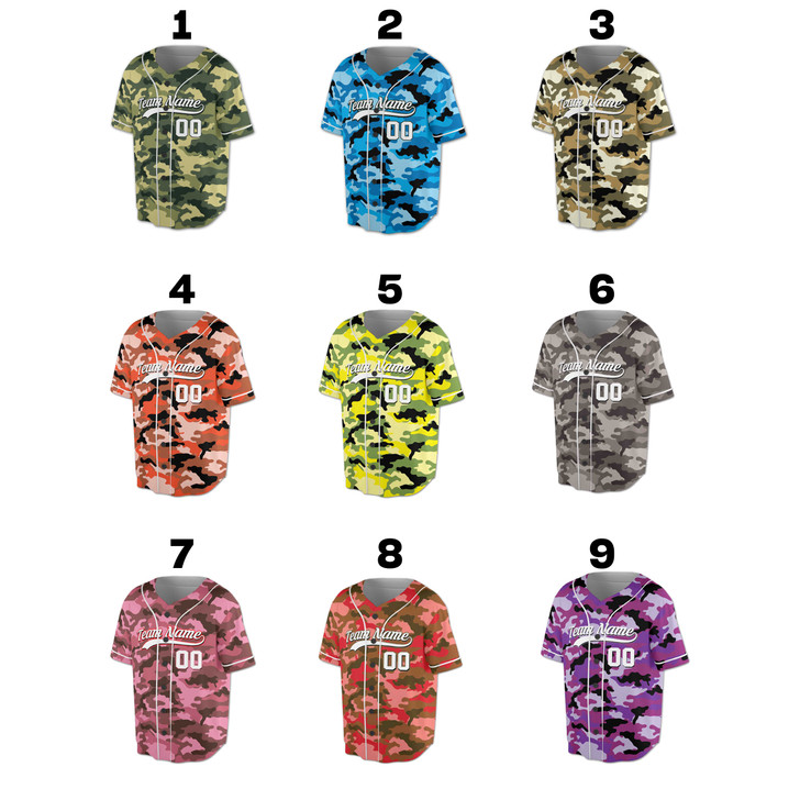 Custom Green Camo with White Piping Baseball Jersey - Personalized Name & Number - Adult, Youth, Kid.