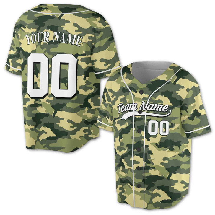 Custom Green Camo with White Piping Baseball Jersey - Personalized Name & Number - Adult, Youth, Kid.