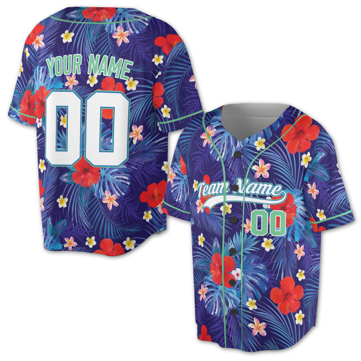 Custom Purple Tropical Floral Hibiscus Pattern with Green Piping Baseball Jersey - Personalized Name & Number - Adult, Youth, Kid.