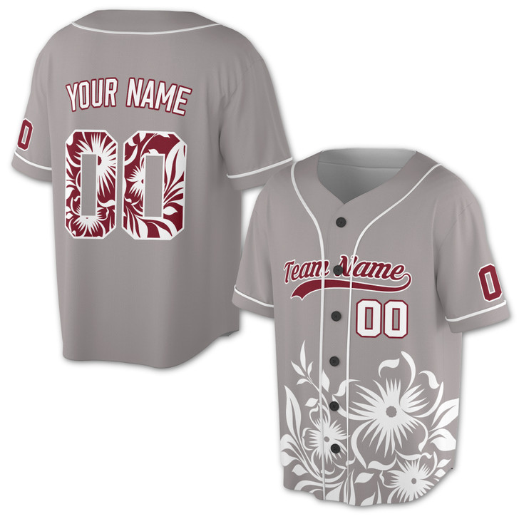 Custom Solid White Floral Pattern and White Piping Baseball Jersey - Personalized Name & Number - Adult, Youth, Kid.