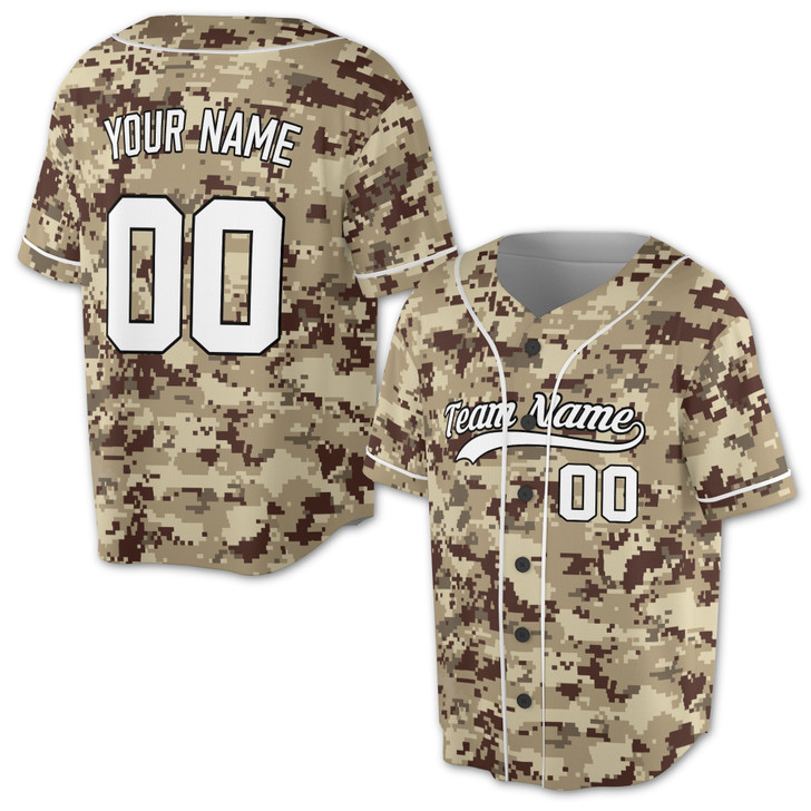 Custom Brown Digital Camo with White Piping Baseball Jersey - Personalized Name & Number - Adult, Youth, Kid.