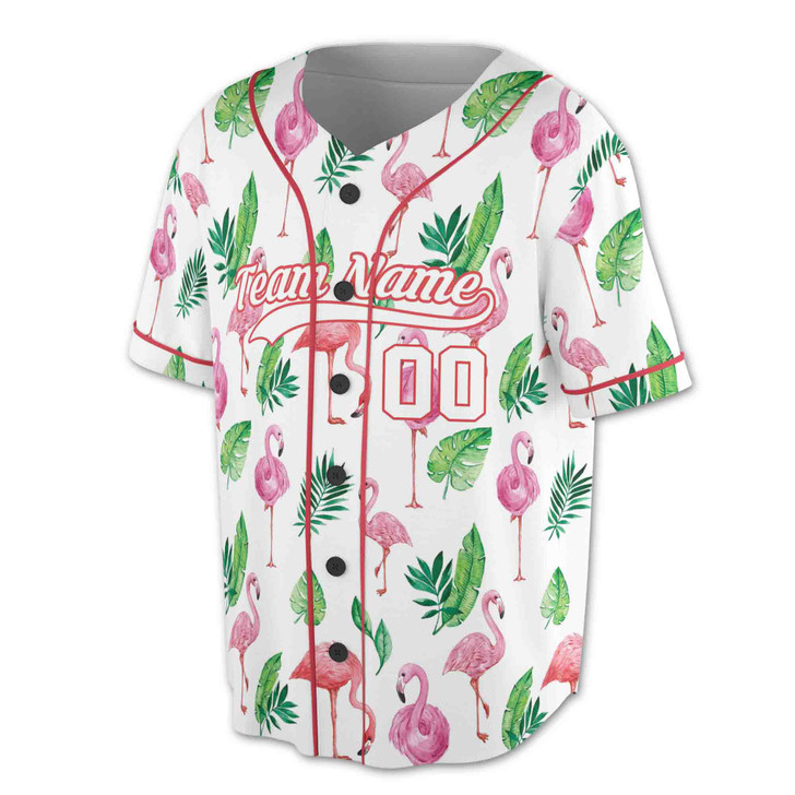 Custom White Flamingo Green Leaf Baseball Jersey - Personalized Name & Number - Adult, Youth, Kid