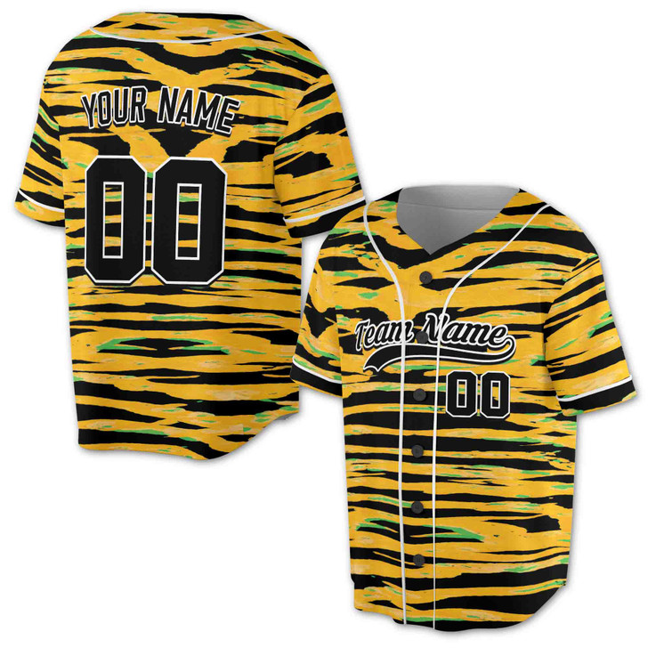 Custom Yellow Black Marble Tiger Baseball Jersey - Personalized Name & Number - Adult, Youth, Kid