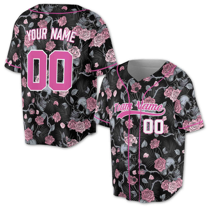 Custom Skull Pink Rose Floral Baseball Jersey - Personalized Name & Number - Adult, Youth, Kid