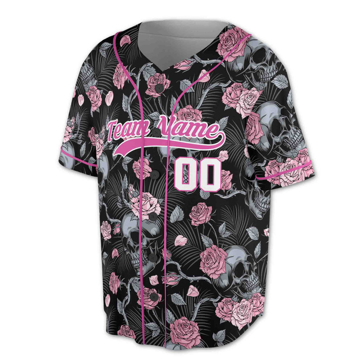 Custom Skull Pink Rose Floral Baseball Jersey - Personalized Name & Number - Adult, Youth, Kid