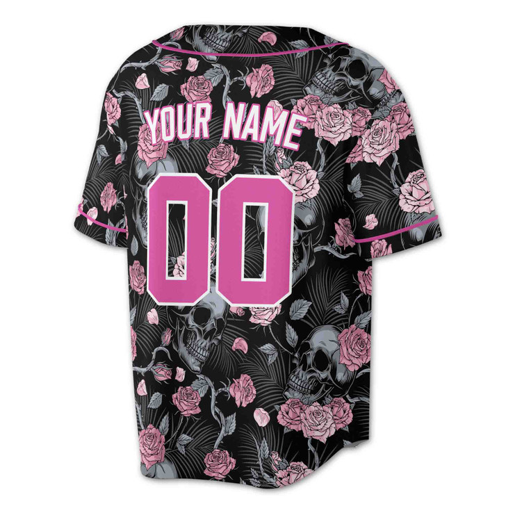 Custom Skull Pink Rose Floral Baseball Jersey - Personalized Name & Number - Adult, Youth, Kid