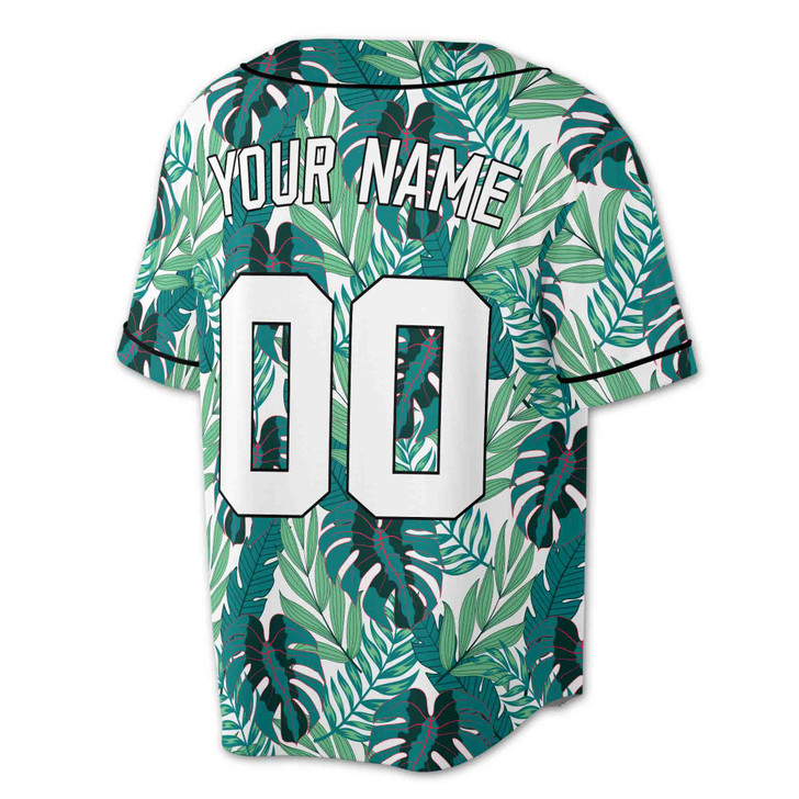 Custom Tropical Teal Leaf Pattern Baseball Jersey – Personalized Name & Number – Adult, Youth, Kid