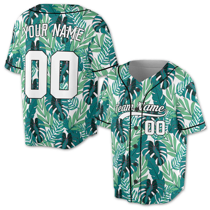 Custom Tropical Teal Leaf Pattern Baseball Jersey – Personalized Name & Number – Adult, Youth, Kid