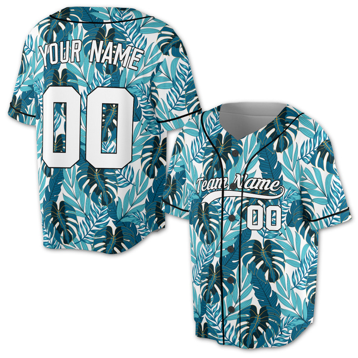 Custom Tropical Teal Leaf Pattern Baseball Jersey – Personalized Name & Number – Adult, Youth, Kid