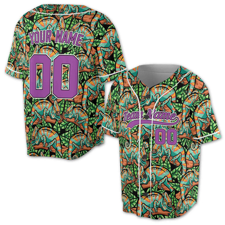 Custom Chameleon Lizard Tropical Leaf Baseball Jersey - Personalized Name, Team Name & Number - Adult, Youth, Kid