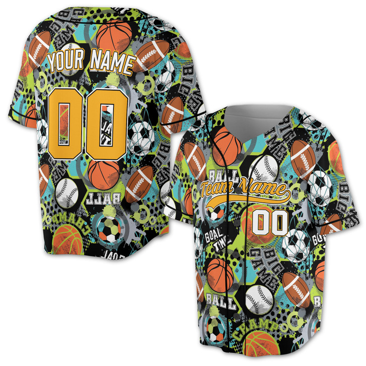 Custom All Sports Balls Graffiti Pattern Baseball Jersey - Personalized Name, Team Name & Number - Adult, Youth, Kid