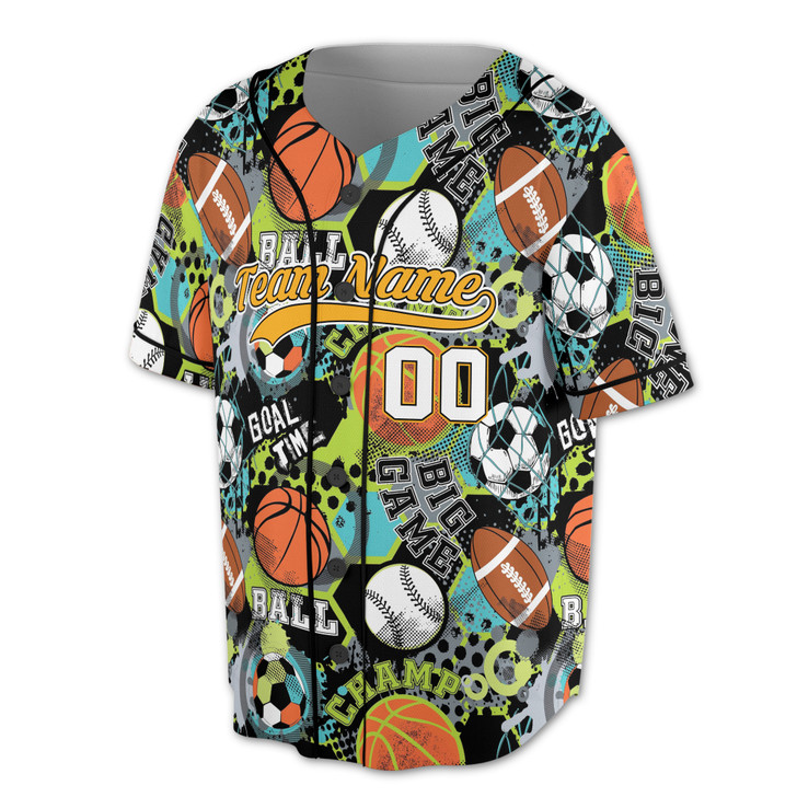 Custom All Sports Balls Graffiti Pattern Baseball Jersey - Personalized Name, Team Name & Number - Adult, Youth, Kid