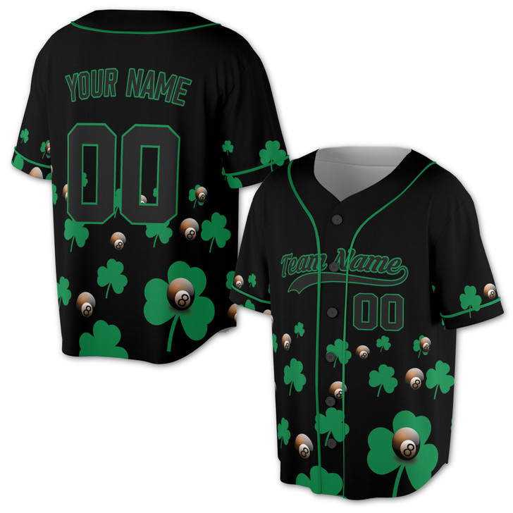 Custom Clover Lucky Shamrock 8 Ball Billiards Baseball Jersey - Personalized Name, Team Name & Number - Adult, Youth, Kid