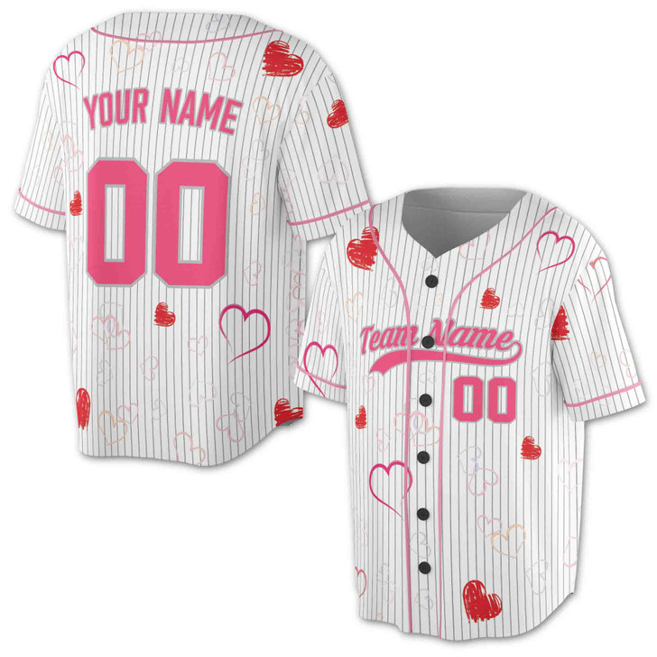 Custom Pink Red Heart Pinstripe Baseball Jersey - Personalized Name, Team Name & Number - Adult, Youth, Kid