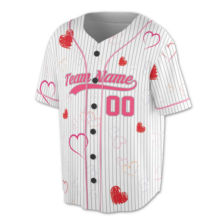 Custom Pink Red Heart Pinstripe Baseball Jersey - Personalized Name, Team Name & Number - Adult, Youth, Kid