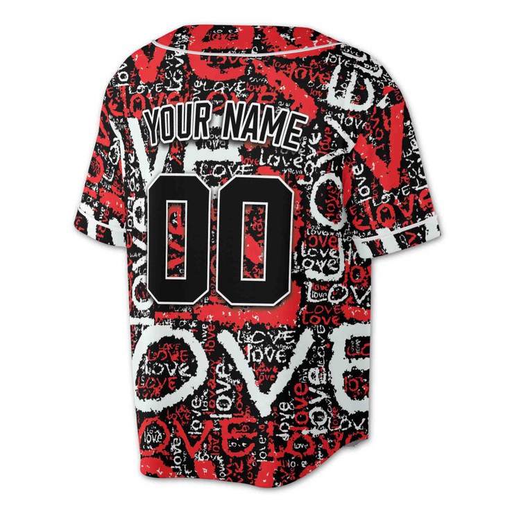 Custom Red Black White Love Graffiti Pattern Baseball Jersey - Personalized Name, Team Name & Number - Adult, Youth, Kid